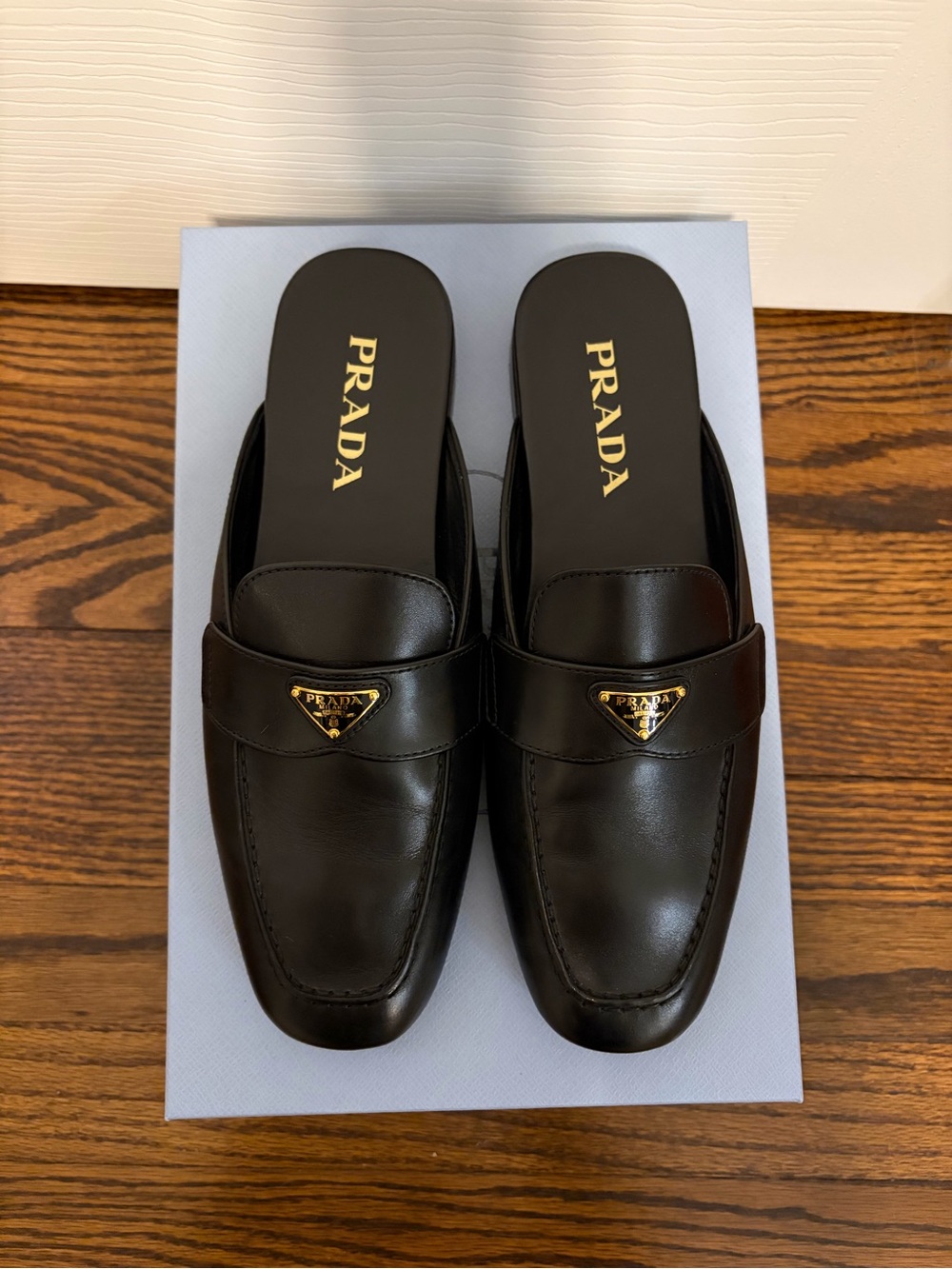 Prada Triangle Logo Black Leather Mule Loafers Size EU 38 - Like New